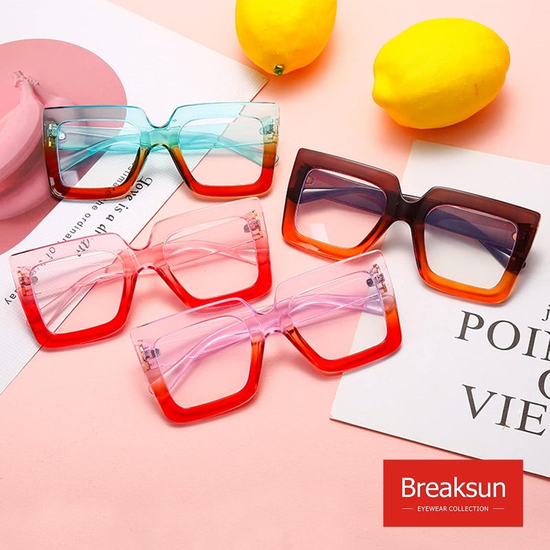 Breaksun Oversized Blue Light Glasses for Women Fashion Thick Square Computer Eyewear Non-Prescription Black Glasses (Pink Red) - Image 2